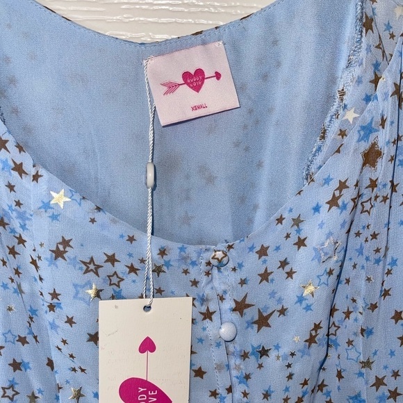 NWT BUDDY LOVE Blue Jennifer Puff Sleeve Star Print Mini Dress XS Starbright - Picture 14 of 14